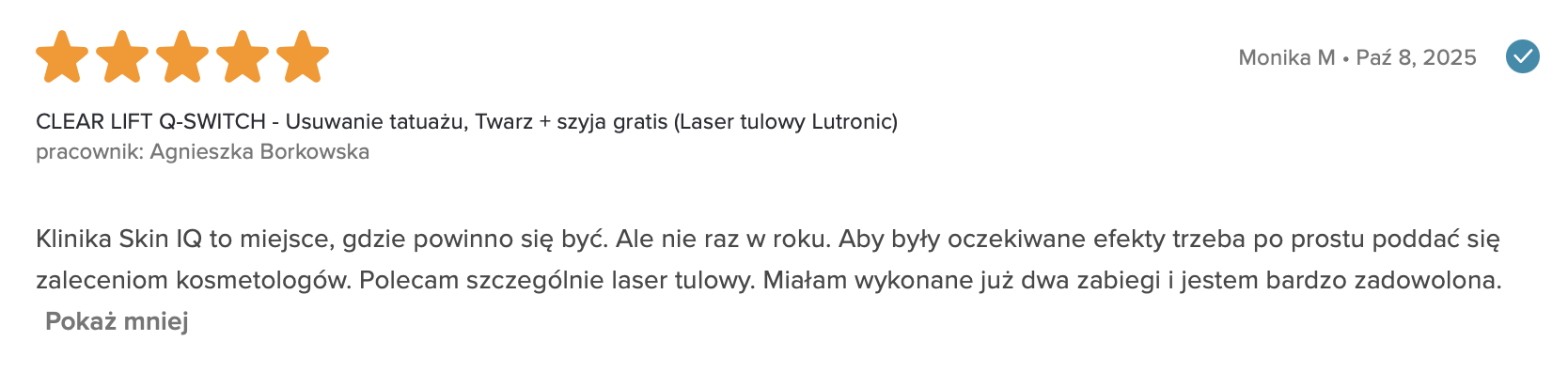 Opinia klientki Kliniki Skin IQ