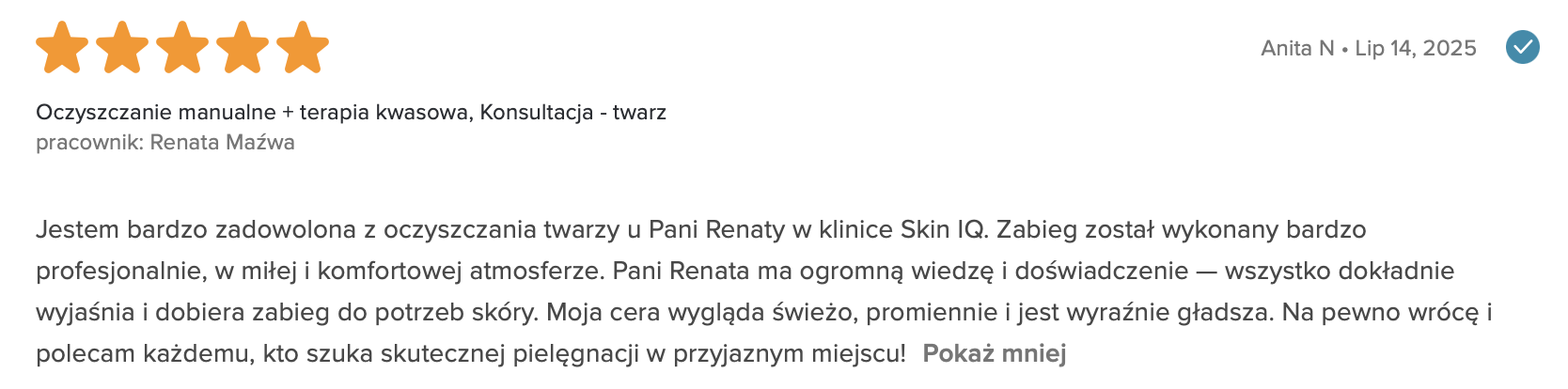 Opinia klientki Kliniki Skin IQ